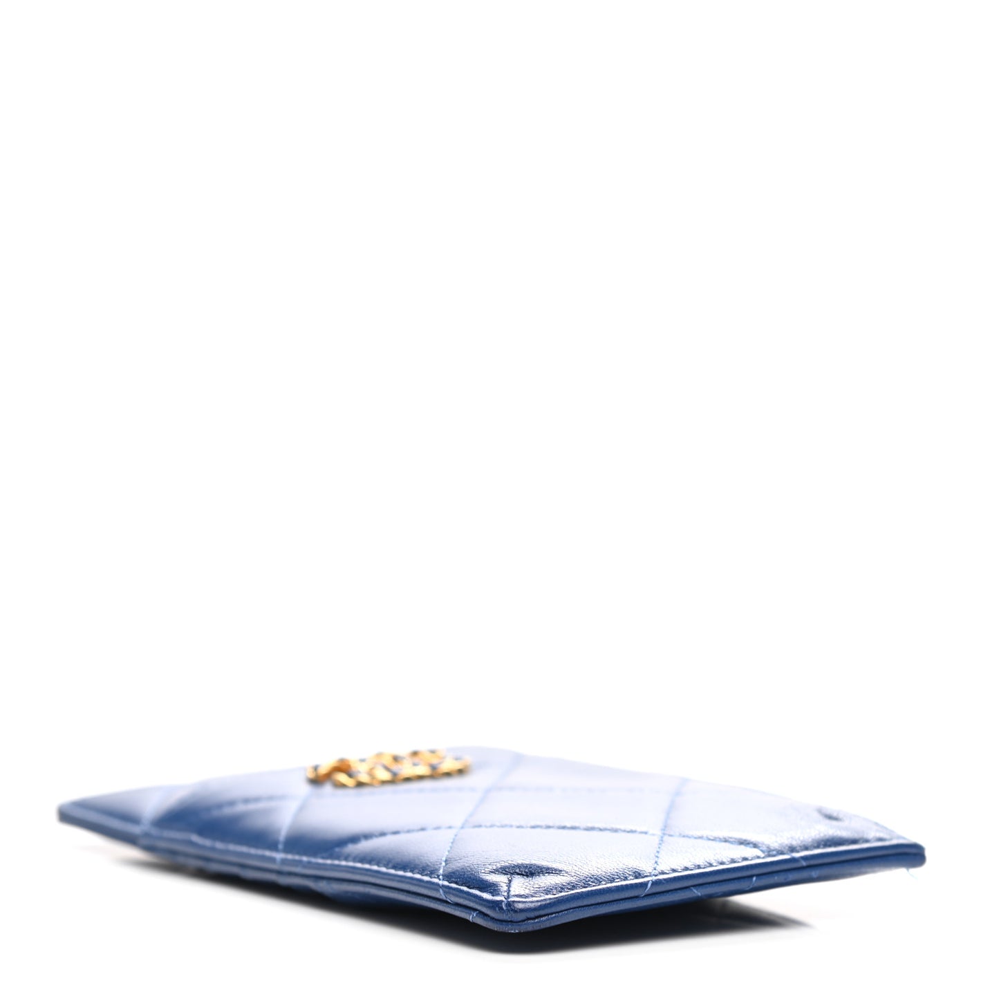 Shiny Goatskin Quilted Chanel 19 Flat Wallet Pouch Blue