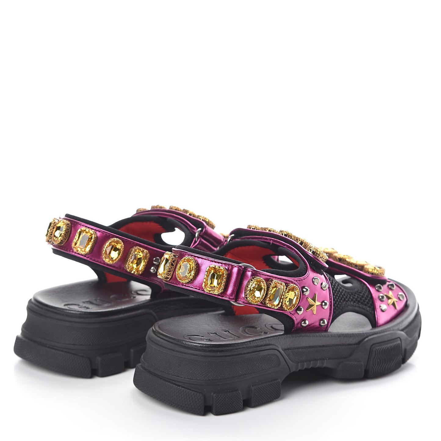Nappa Mesh Crystal Embellished Studded Womens Aguru Sandals 40 Pink Black
