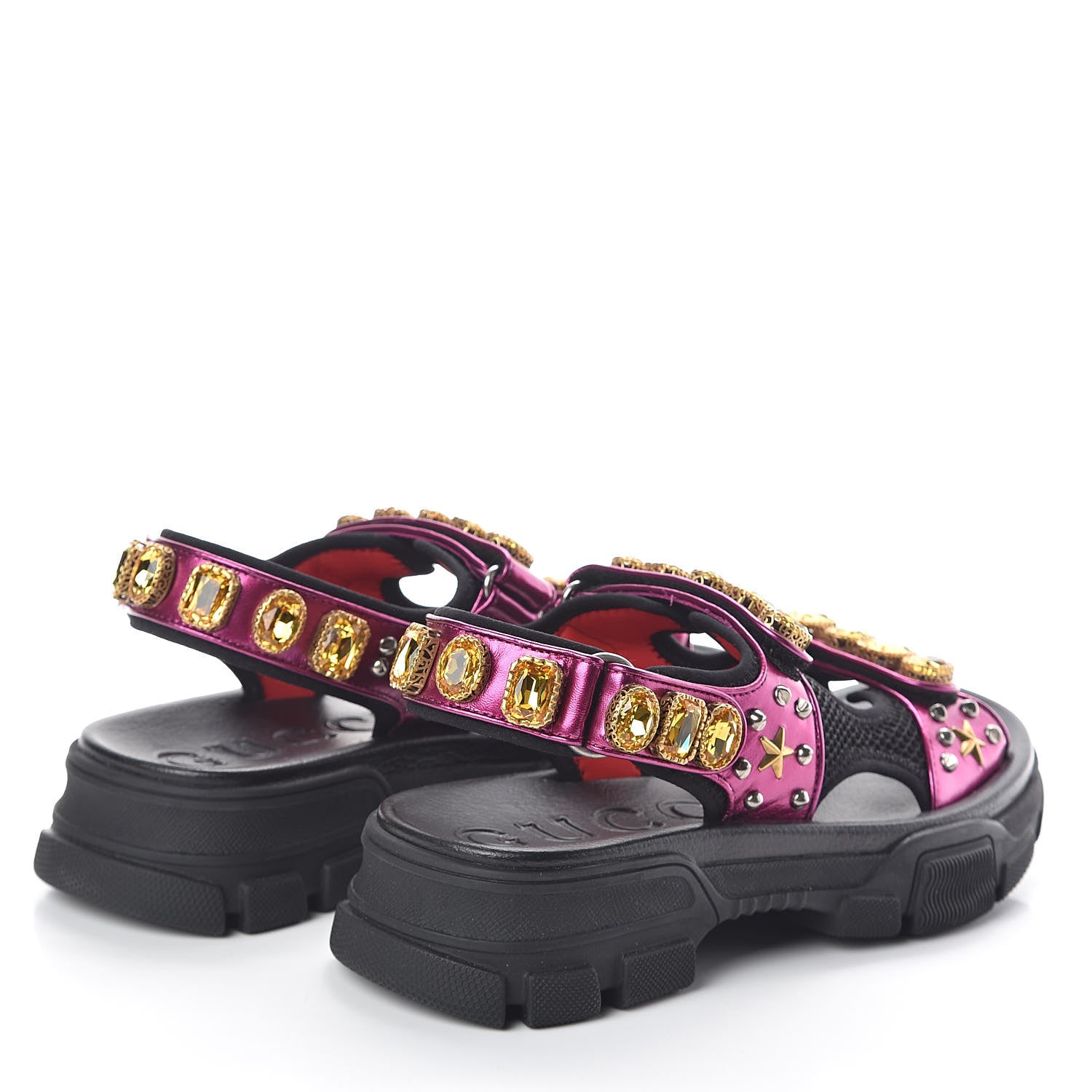 Gucci Nappa Mesh Crystal Embellished Studded Womens Aguru Sandals 40 Pink Black 4 of 8