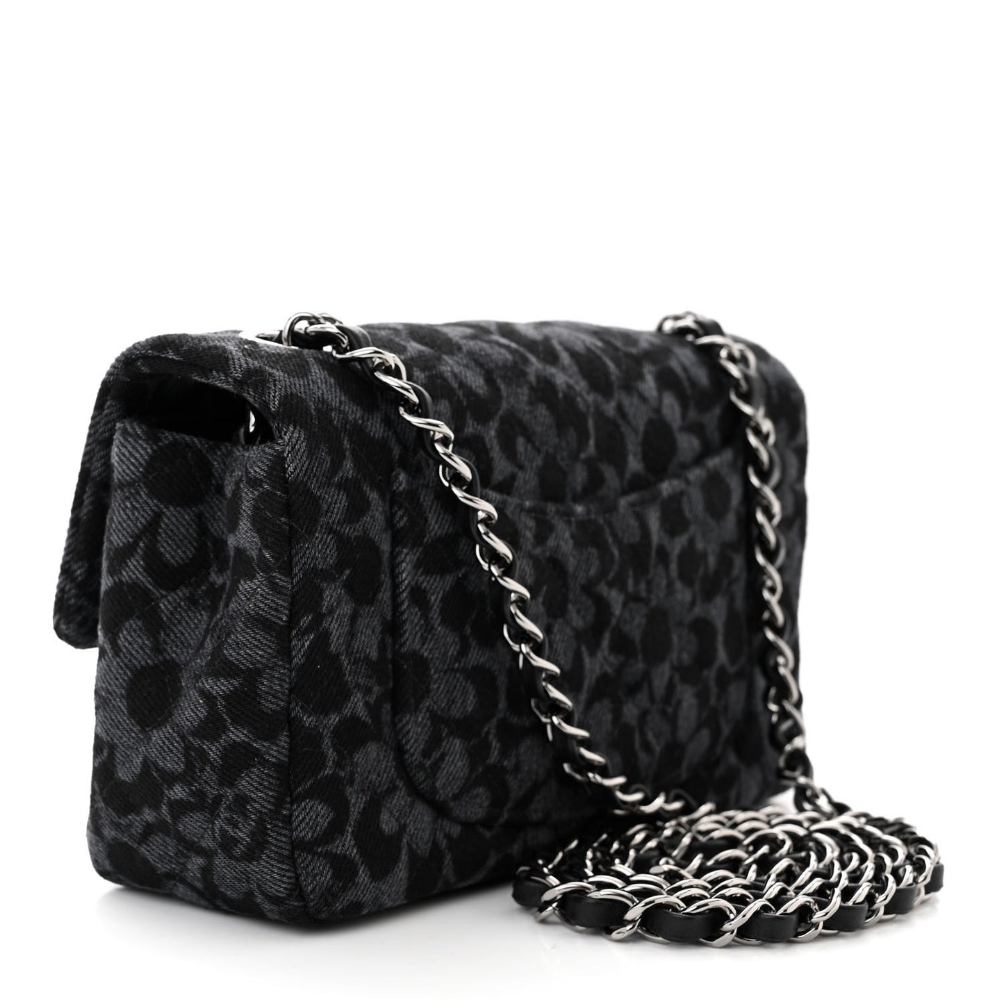 Printed Denim Quilted Flower Mini Rectangular Flap Black