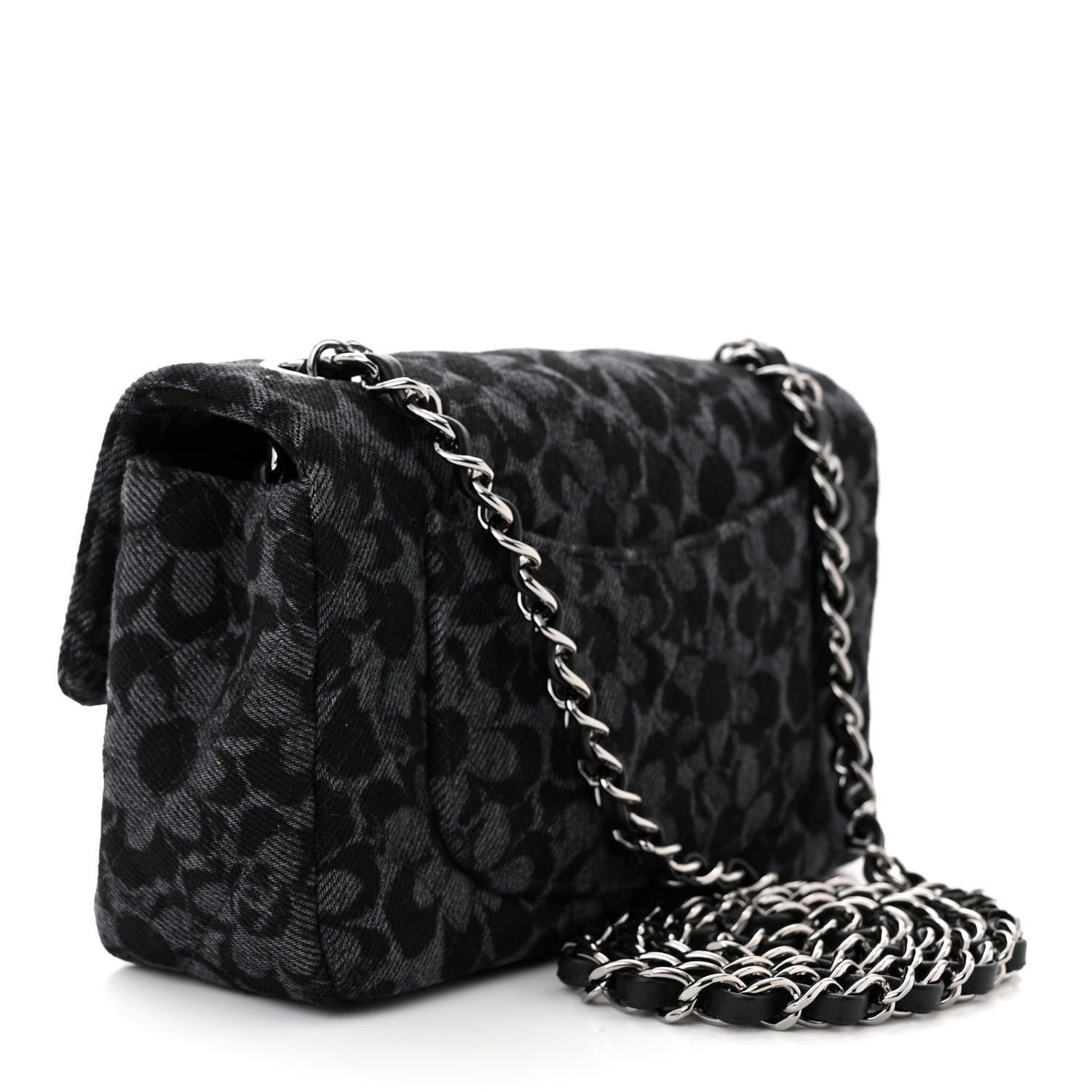 Chanel Printed Denim Quilted Flower Mini Rectangular Flap Black 3 of 11