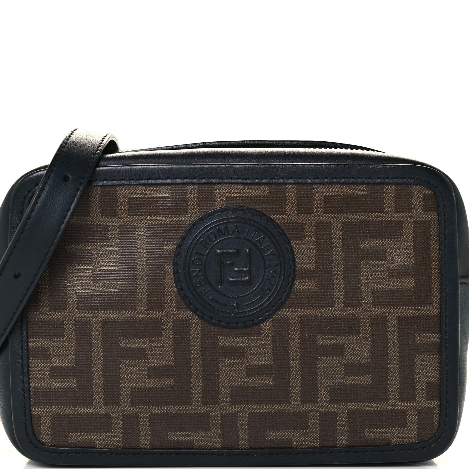 Fendi Glazed Fabric Vitello Century FF 1974 Stamp Patch Mini Camera Case Mogano Panna Black 9 of 13
