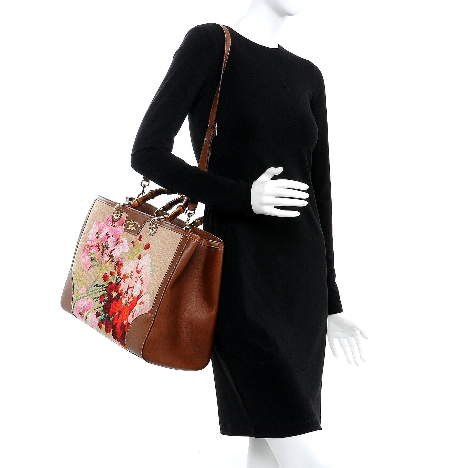 Gucci Canvas Blooms Embroidered Large Bamboo Shopper Tote Brown 2 of 8