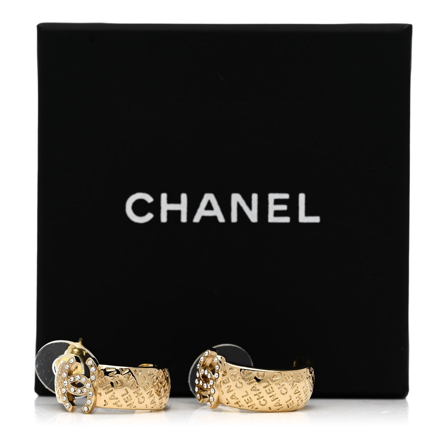 Metal Crystal CC Logo Hoop Earrings Gold