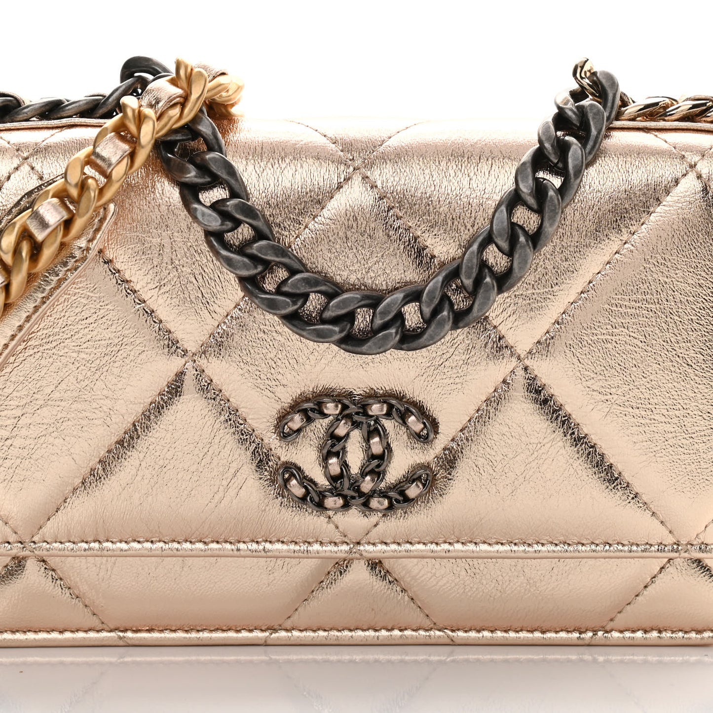 Metallic Goatskin Quilted Chanel 19 Wallet On Chain WOC Gold