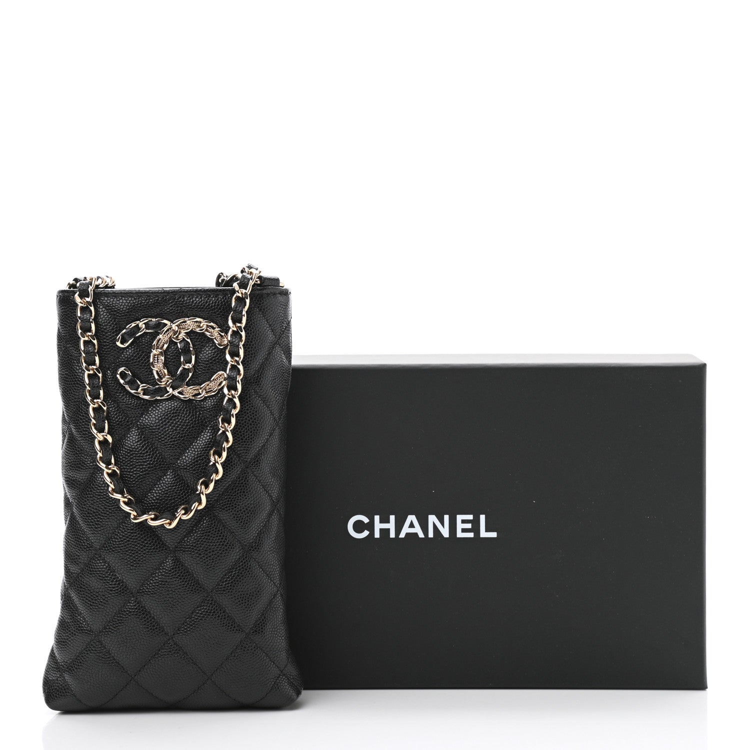 Chanel Caviar Quilted French New Wave Phone Holder With Chain Black 11 of 11