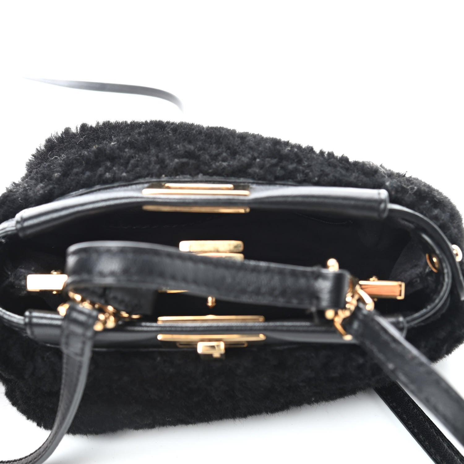 Fendi Shearling Shiny Nappa Micro Peekaboo Iconic Satchel Black 5 of 8