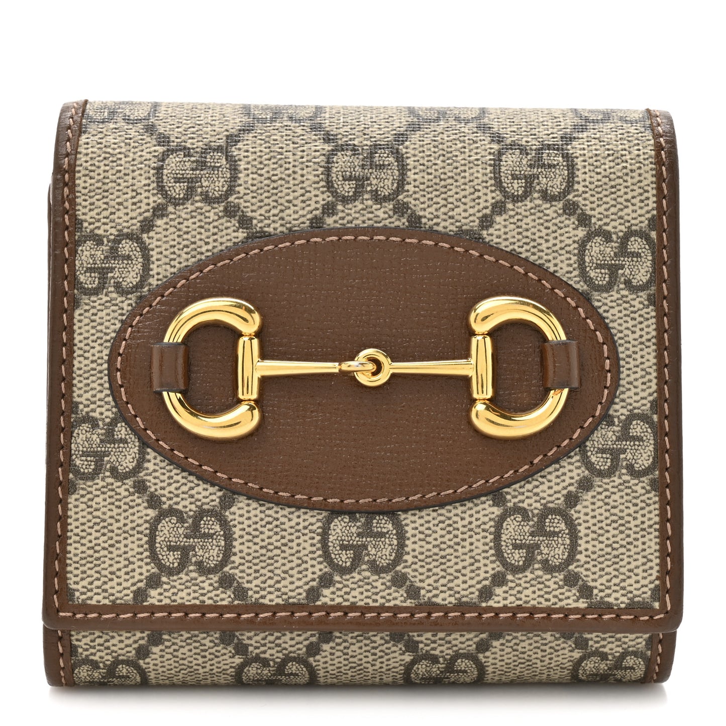 GG Supreme Monogram Azalea Calfskin Horsebit 1955 Flap Card Case Wallet Beige Ebony Brown Sugar