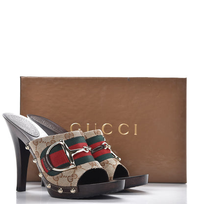 Gucci Monogram Natural Pigskin Web Icon Bit Platform Clog High Heel Slide Sandals 37 Beige Ebony Cocoa 9 of 9