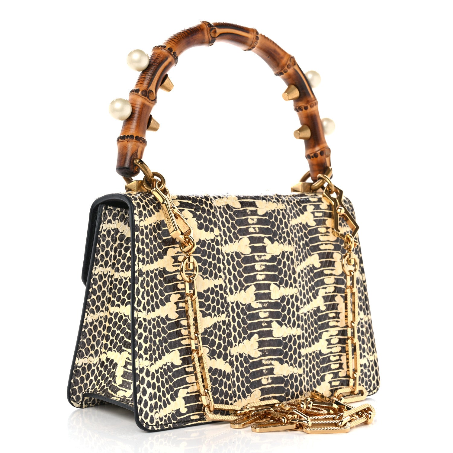 Gucci Snakeskin Pearl Mini Fox Broche Bamboo Top Handle Bag Roccia Hibiscus Red Mystic White 3 of 12
