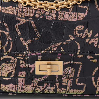 Chanel Calfskin Crocodile Embossed Graffiti 2.55 Mini Cocodile Reissue Flap Black Pink 8 of 11