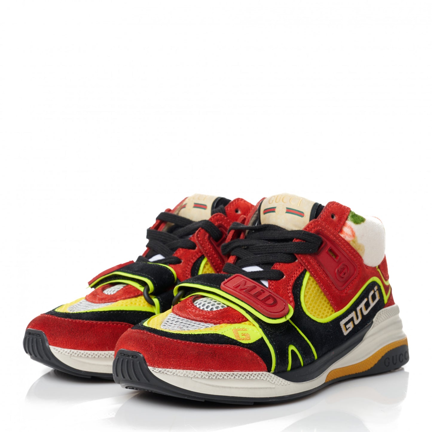 Suede Calfskin Womens Ultrapace Mid Top Sneakers 34.5 Hibiscus Red Black Neon Yellow Yolk