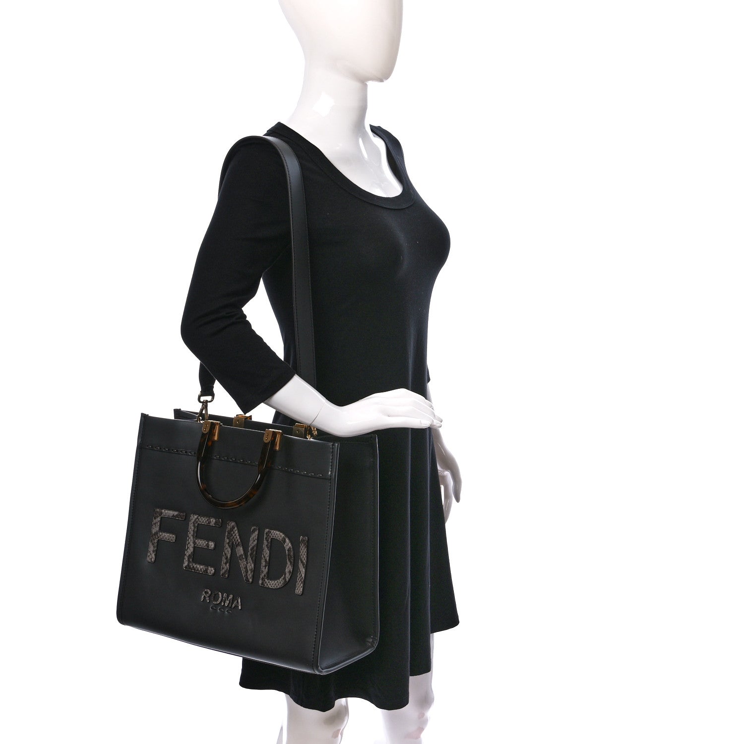 Fendi Vitello King Plexiglass Elaphe Python Print Logo Medium Fendi Sunshine Shopper Tote Dark Asphalt 2 of 9