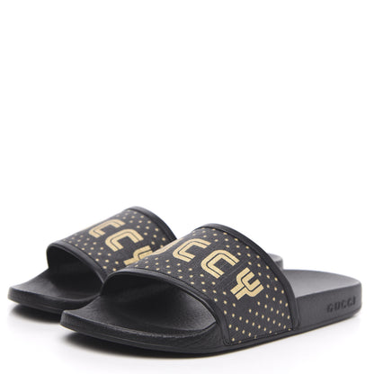 Gucci X SEGA Supreme Canvas GUCCY Stars Womens Slide Sandals 38 Black Gold 4 of 8