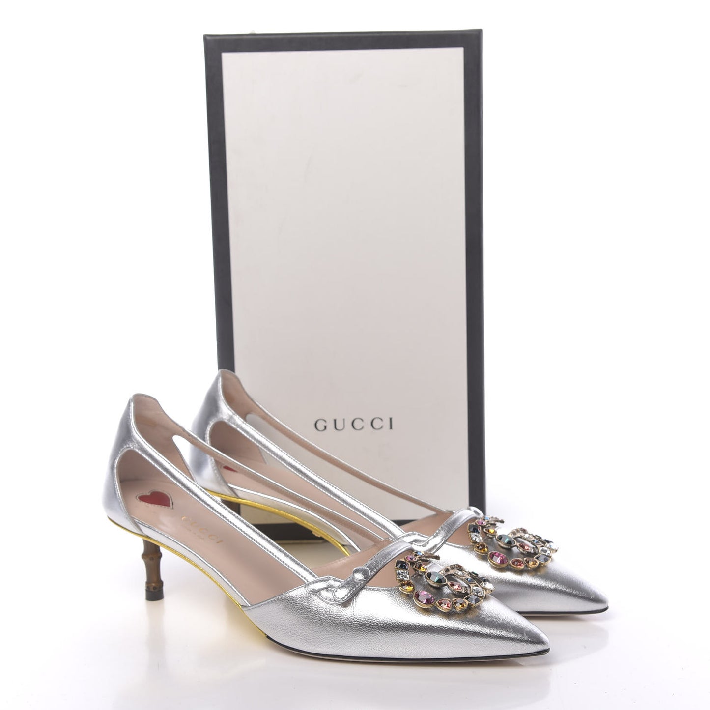 Metallic Nappa Bamboo Crystal Double G Low Heel Pumps 38 Argento