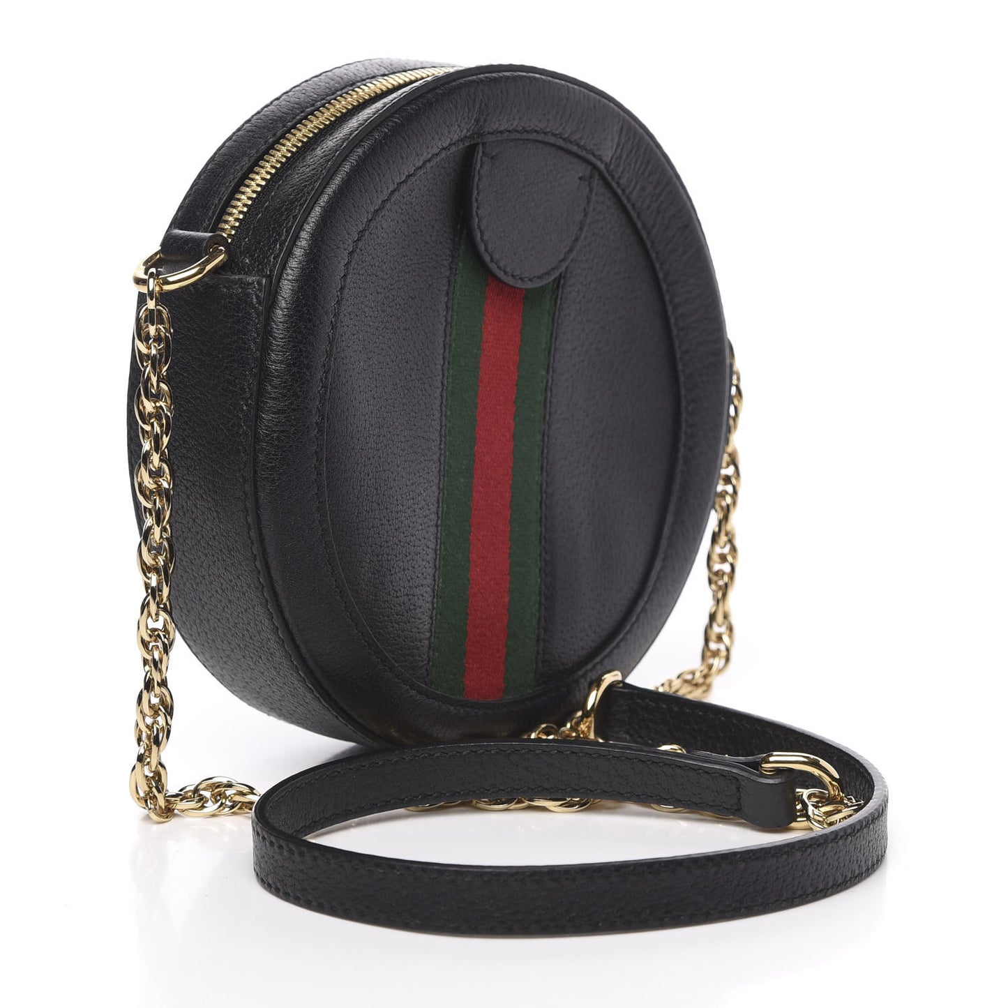Grained Calfskin Web Mini Ophidia Round Shoulder Bag Black