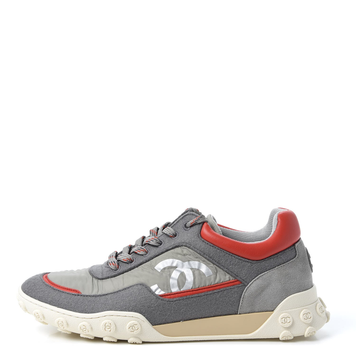 Chanel Nylon Calfskin Suede Mens CC Sneakers 41 Grey Orange 1 of 10
