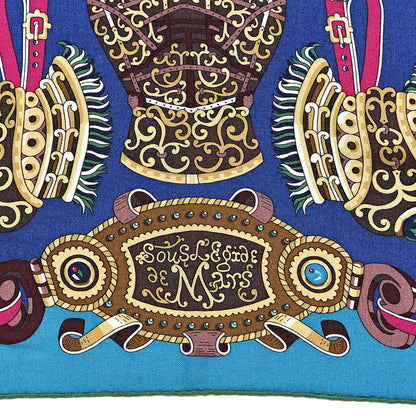Hermes Cashmere Silk Sous L'Egide De Mars Shawl 140 Canard Bleu Nuit Fuchsia 3 of 6