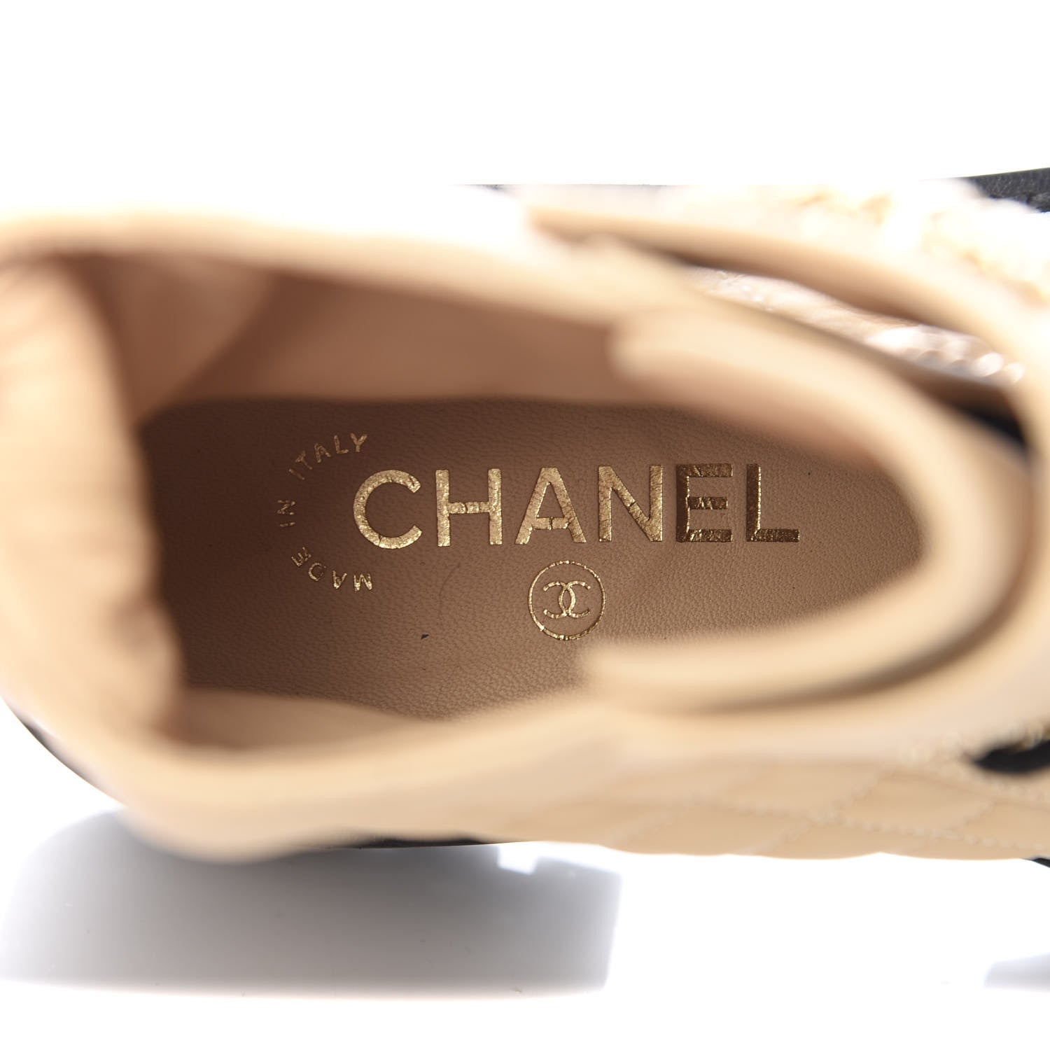 Chanel Shiny Lambskin Quilted Lace Up Combat Boots 37.5 Beige Black 7 of 7