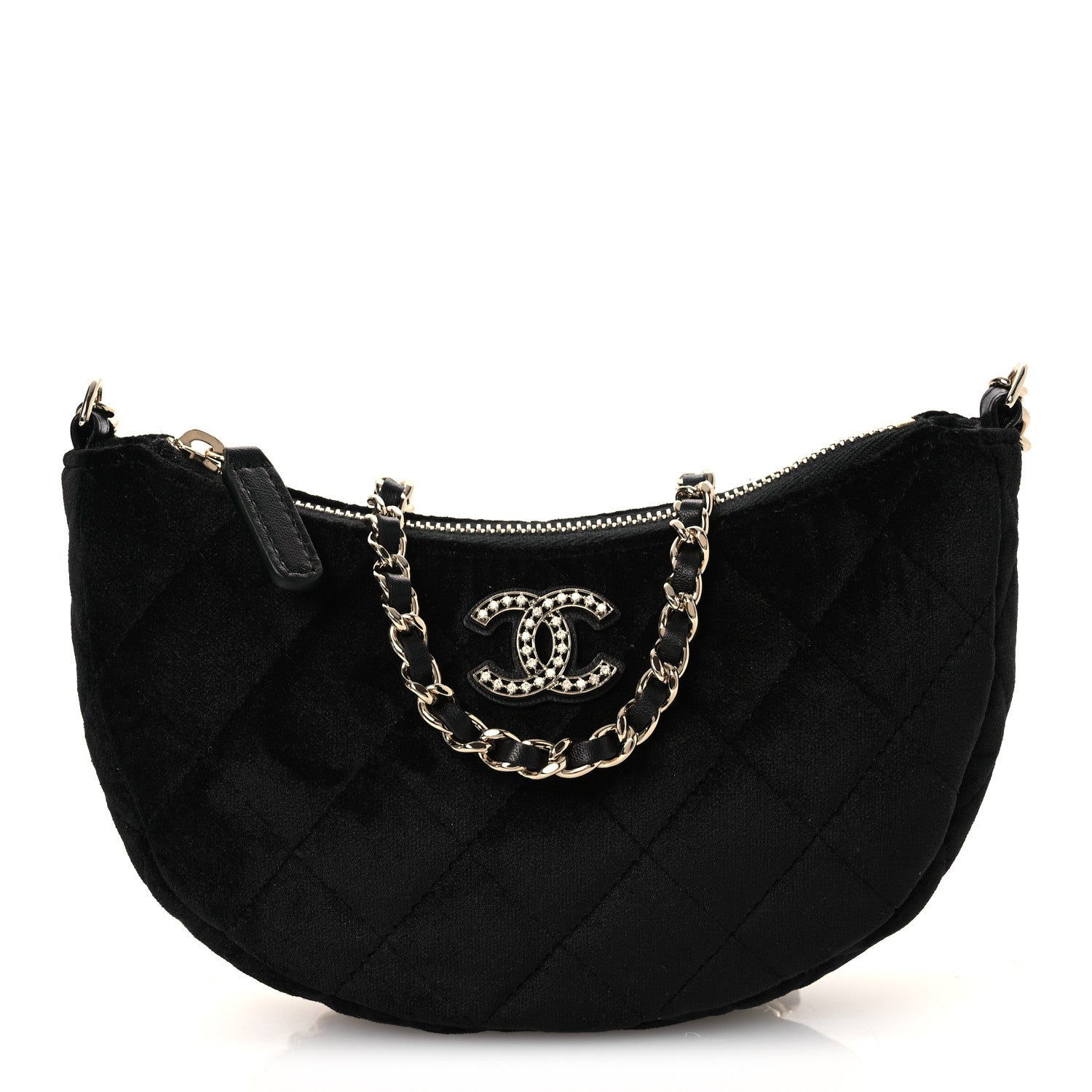 Chanel Velvet Crystal Quilted Chain Hobo Black 1 of 11