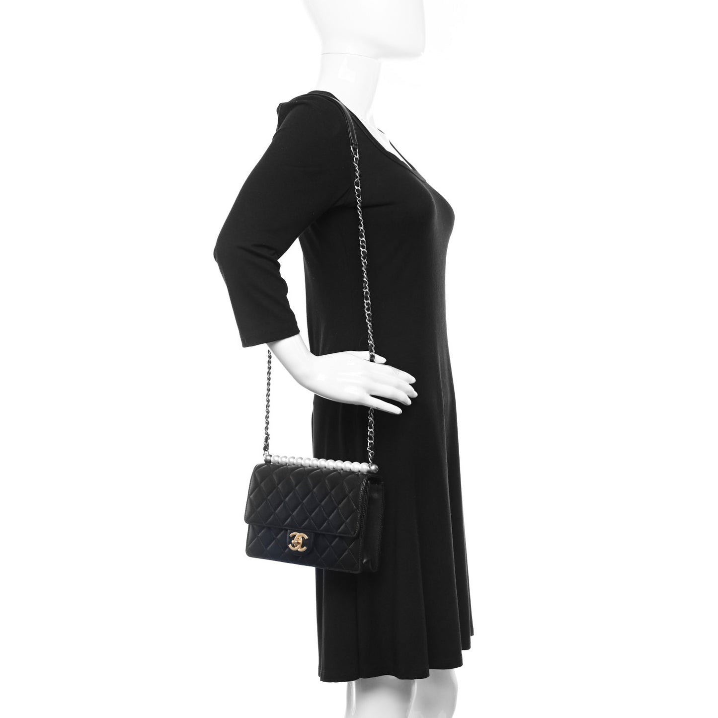 Goatskin Quilted Small Chic Pearls Flap Black