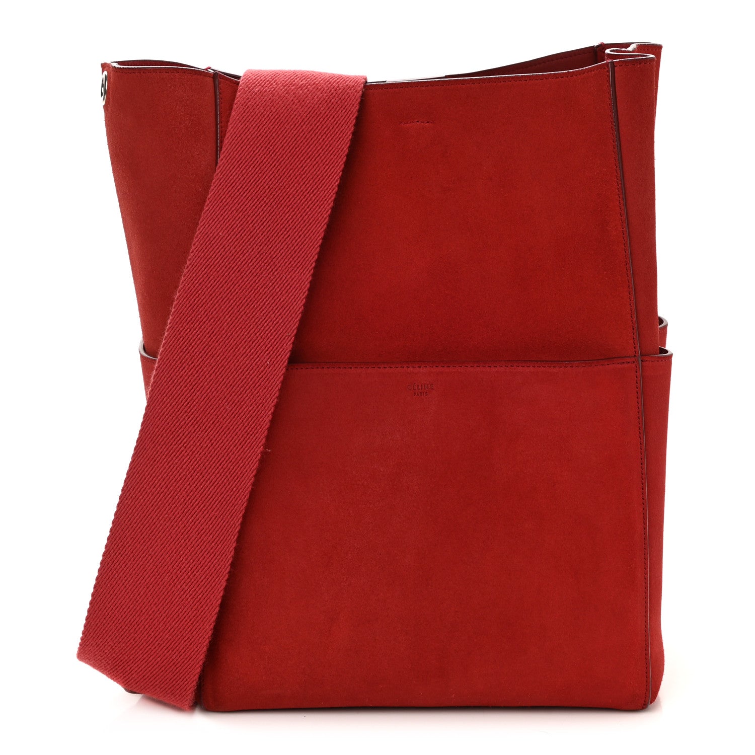 Celine Suede Calfskin Sangle Bucket Bag Red 1 of 10