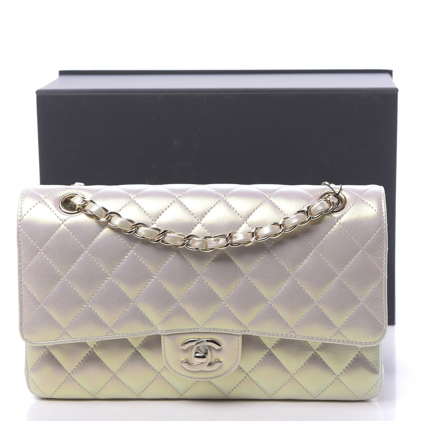 Iridescent Lambskin Quilted Medium Double Flap Ivory