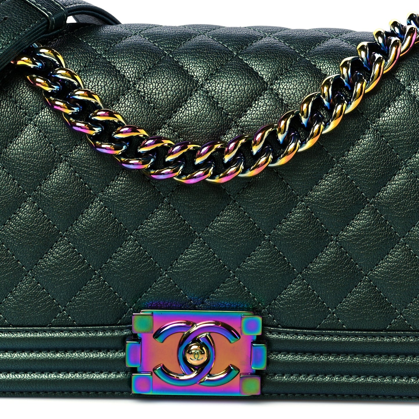 Iridescent Goatskin Quilted Medium Boy Flap Green