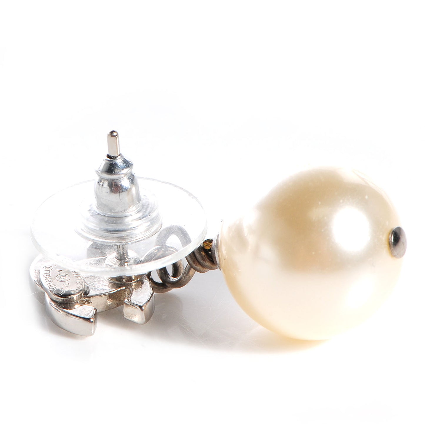Crystal CC Pearl Dangle Earrings Silver