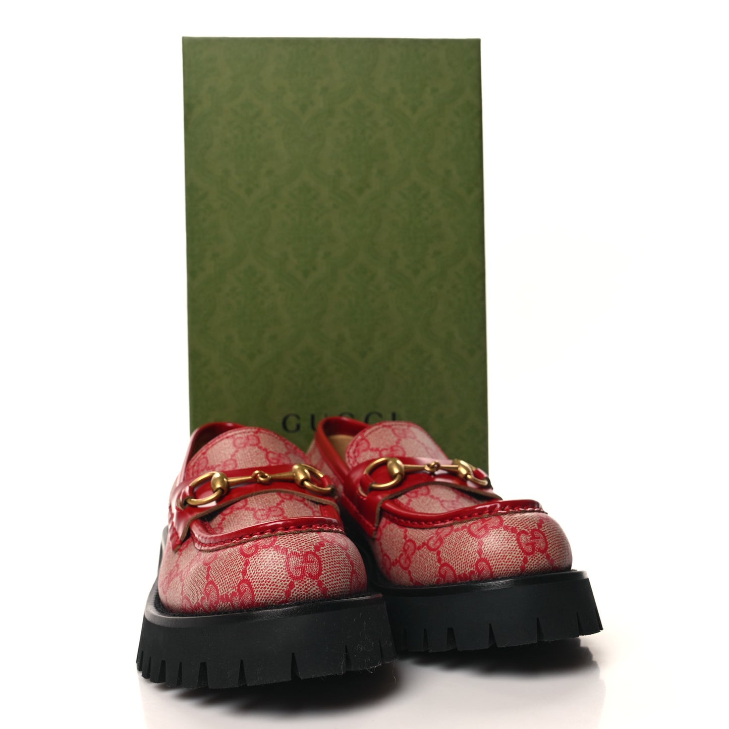 GG Supreme Monogram Cordovan Lux Womens Harald Horsebit 25mm Platform Loafers 37.5 Beige Hibiscus Red