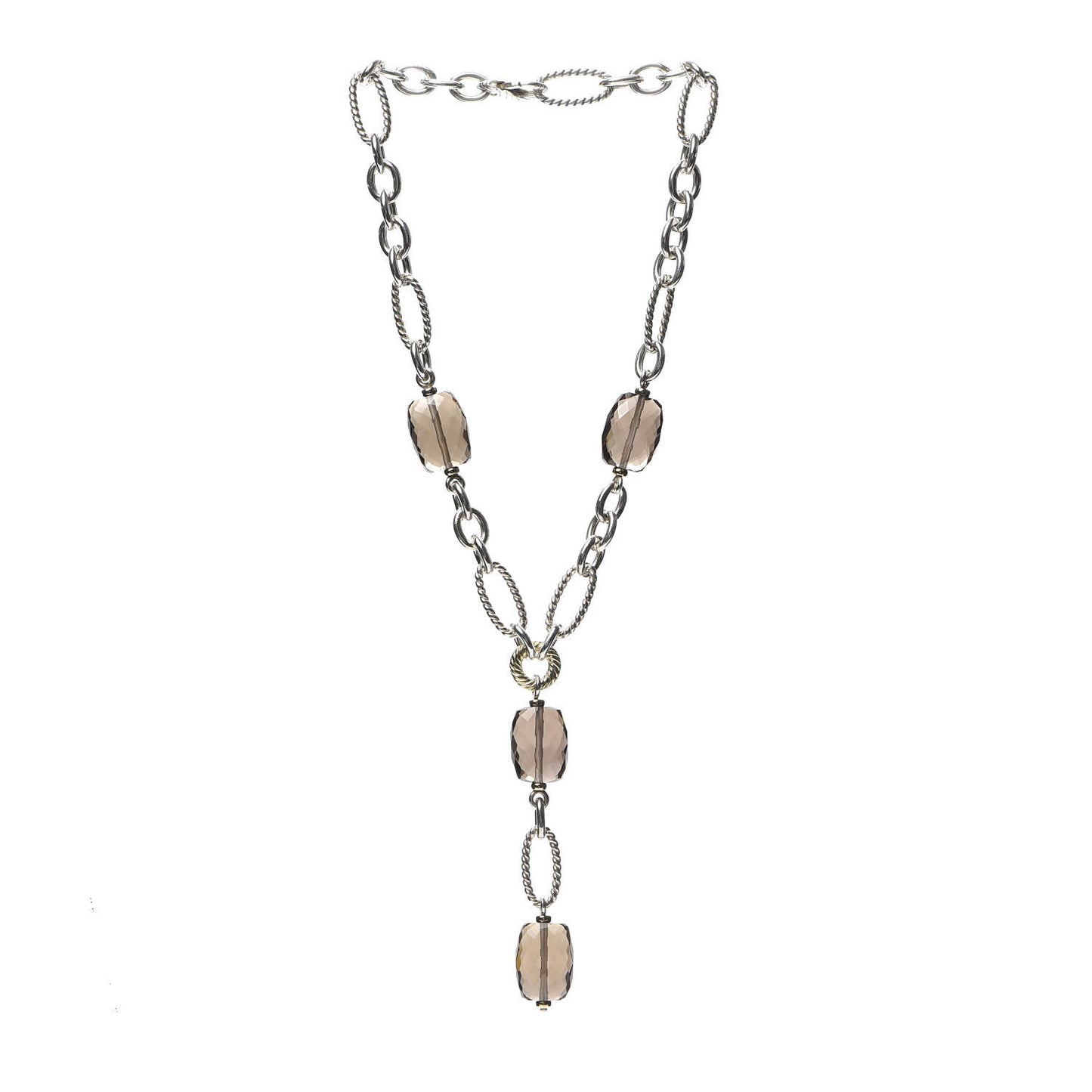 Sterling Silver 18K Yellow Gold Smoky Quartz Figaro Link Pendant Necklace