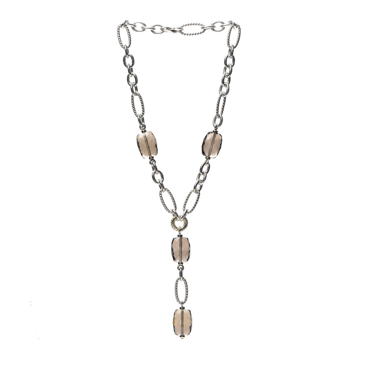 David Yurman Sterling Silver 18K Yellow Gold Smoky Quartz Figaro Link Pendant Necklace 3 of 5