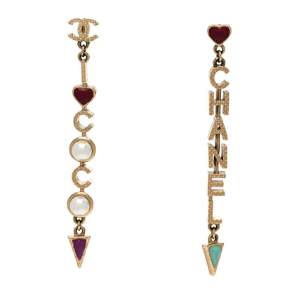 Chanel Pearl Enamel Logo Long Drop Earrings Gold 1 of 5