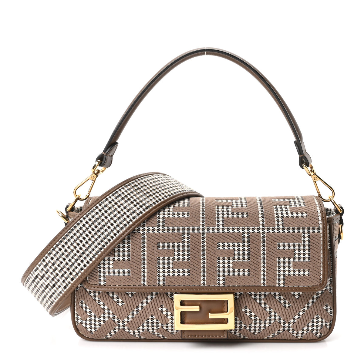 Wool Vitello King Houndstooth FF Embroidered Baguette Beige Moro