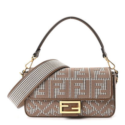 Fendi Wool Vitello King Houndstooth FF Embroidered Baguette Beige Moro 1 of 10