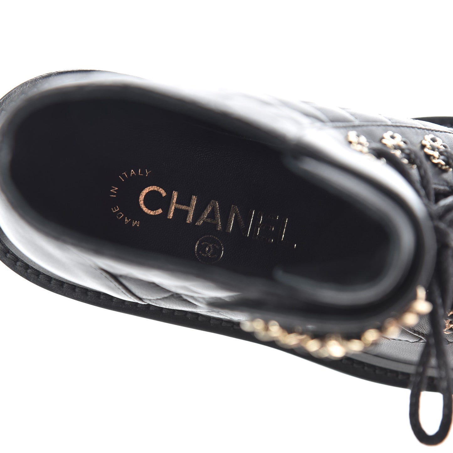 Shiny Lambskin Quilted Lace Up Combat Boots 35 Black