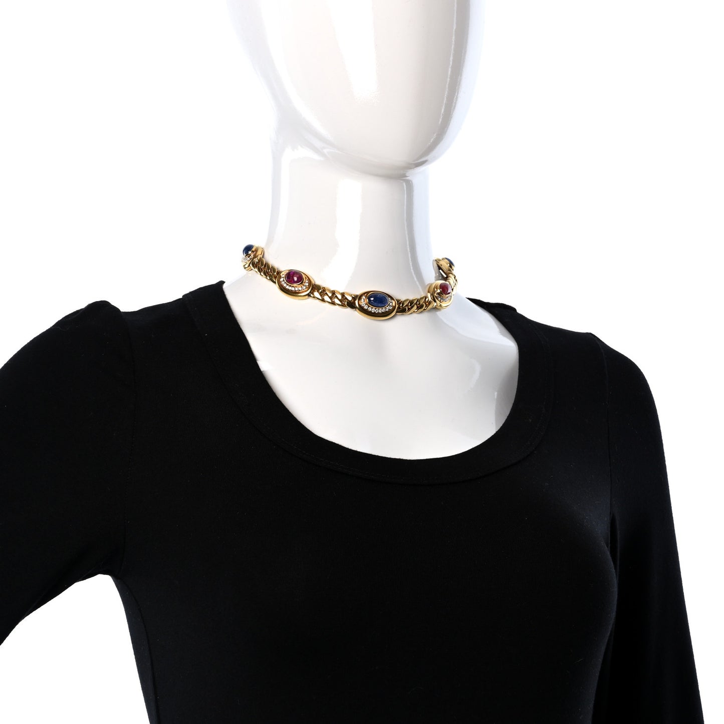 18K Yellow Gold Diamond Blue Sapphire Ruby 5 Station Collar Necklace