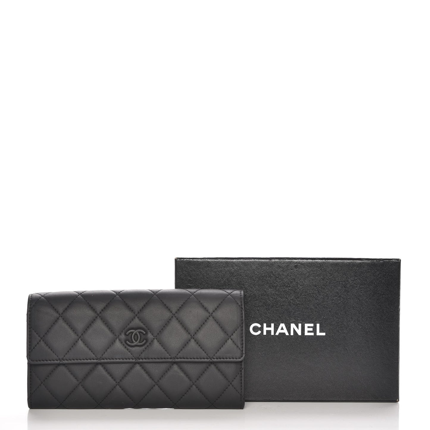 Lambskin Quilted Long Gusset Flap Wallet Black