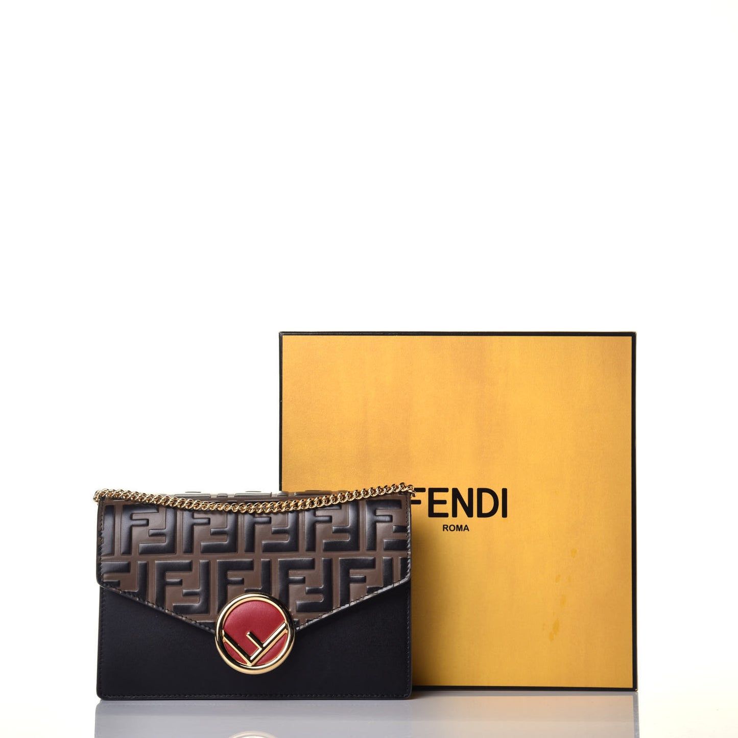 Vitello Liberty F is Fendi Bi-Color FF 1974 Embossed Medium Envelope Wallet On Chain Black Maya