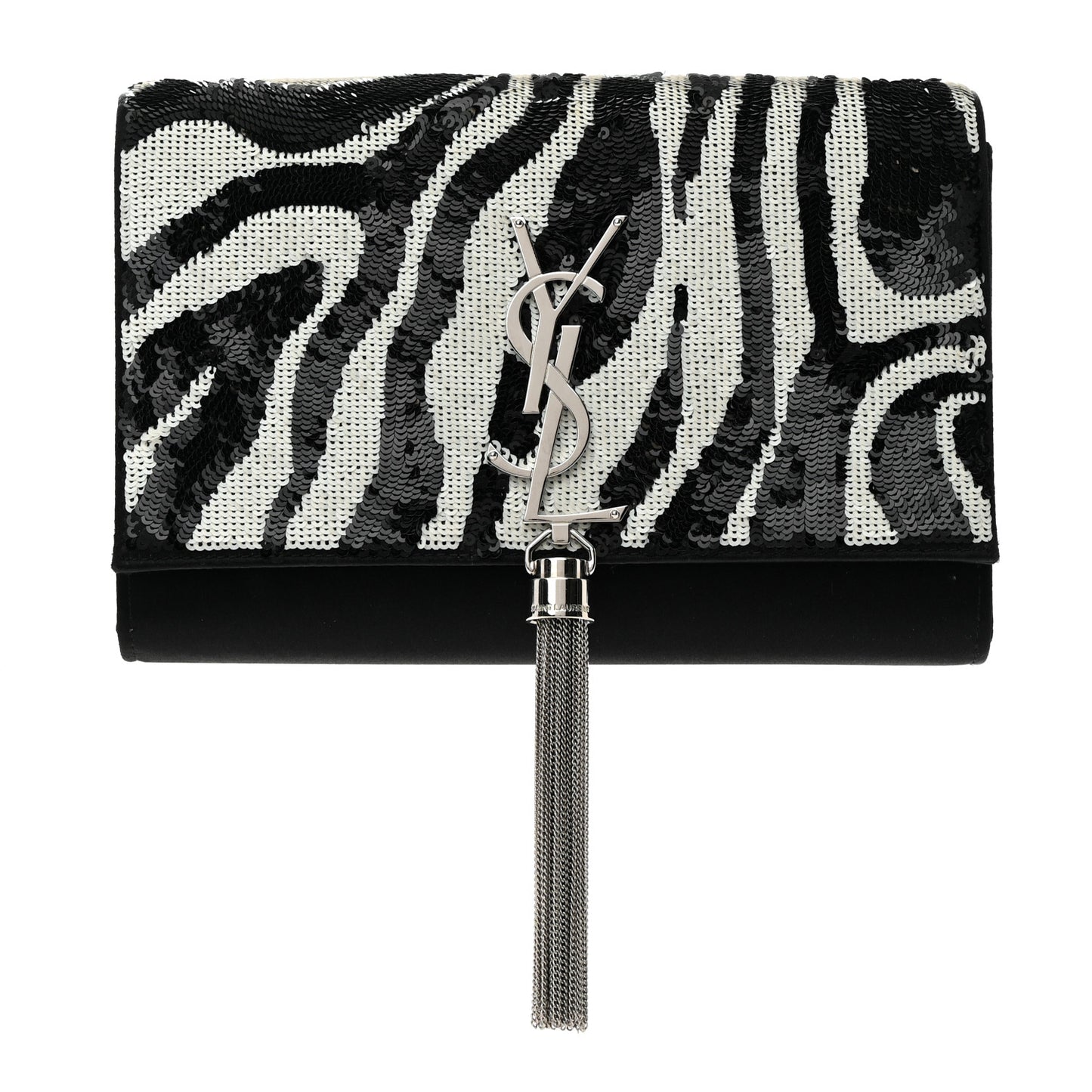Satin Sequin Zebra Small Monogram Kate Tassel Satchel Black White