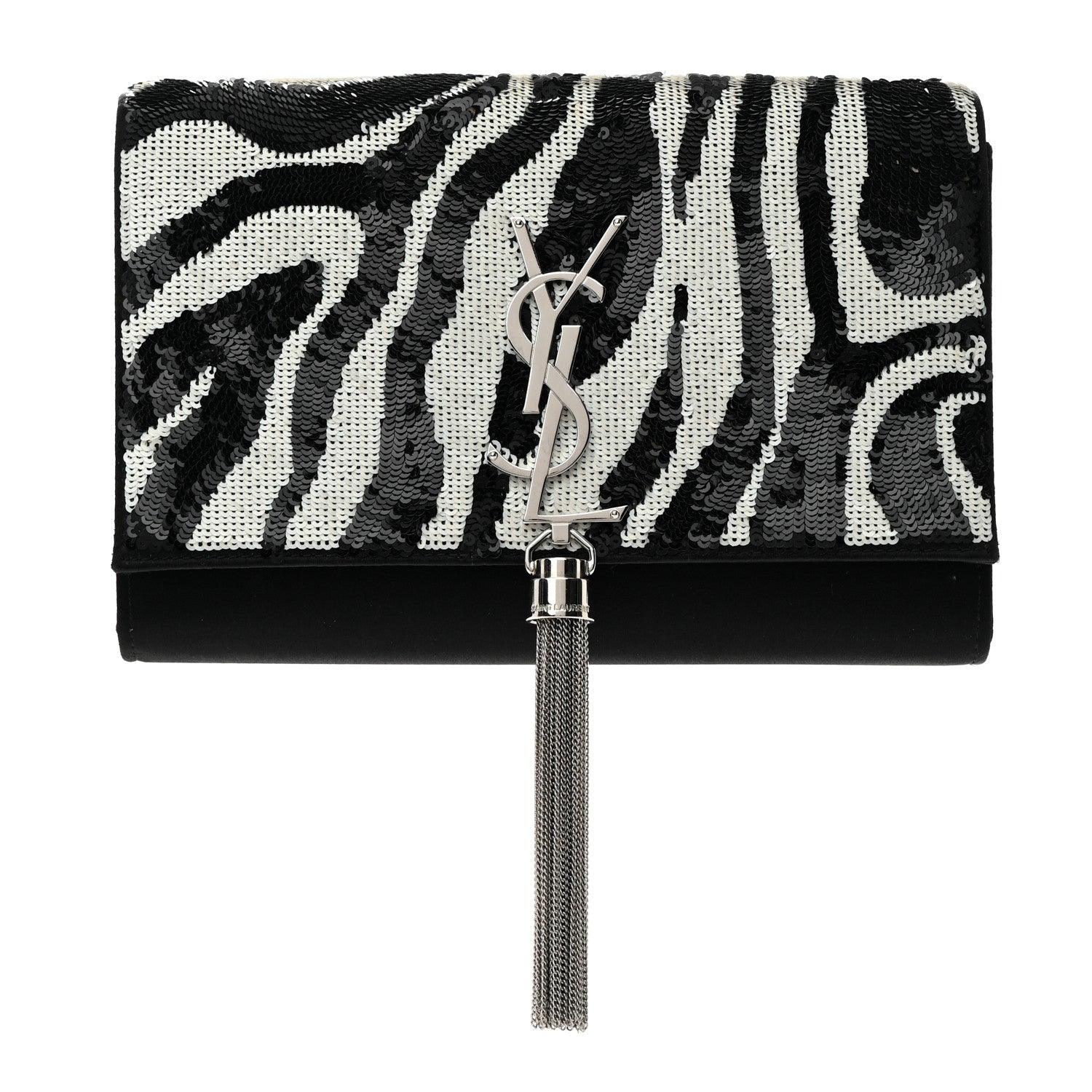 Saint Laurent Satin Sequin Zebra Small Monogram Kate Tassel Satchel Black White 1 of 9