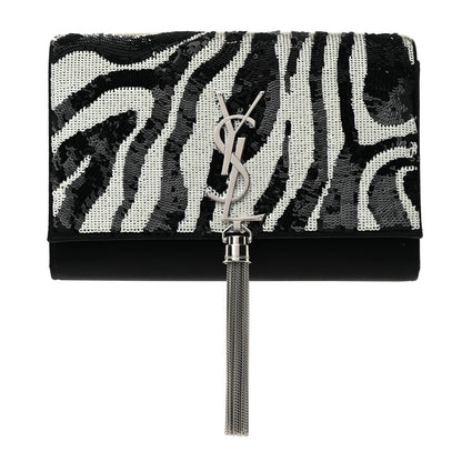 Saint Laurent Satin Sequin Zebra Small Monogram Kate Tassel Satchel Black White 1 of 9