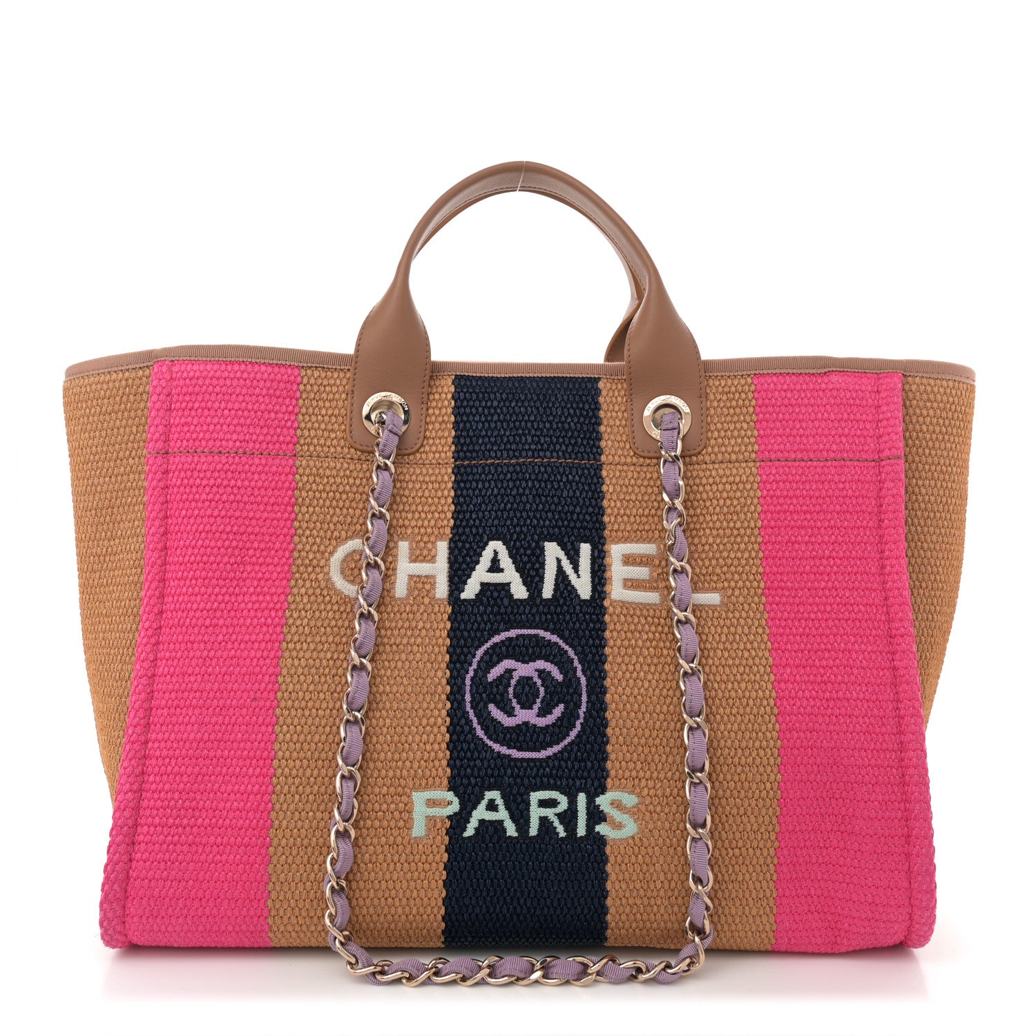 Chanel Straw Raffia Calfskin Striped Medium Deauville Tote Dark Beige Fuchsia Navy Blue 1 of 12