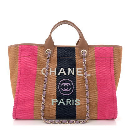 Chanel Straw Raffia Calfskin Striped Medium Deauville Tote Dark Beige Fuchsia Navy Blue 1 of 12