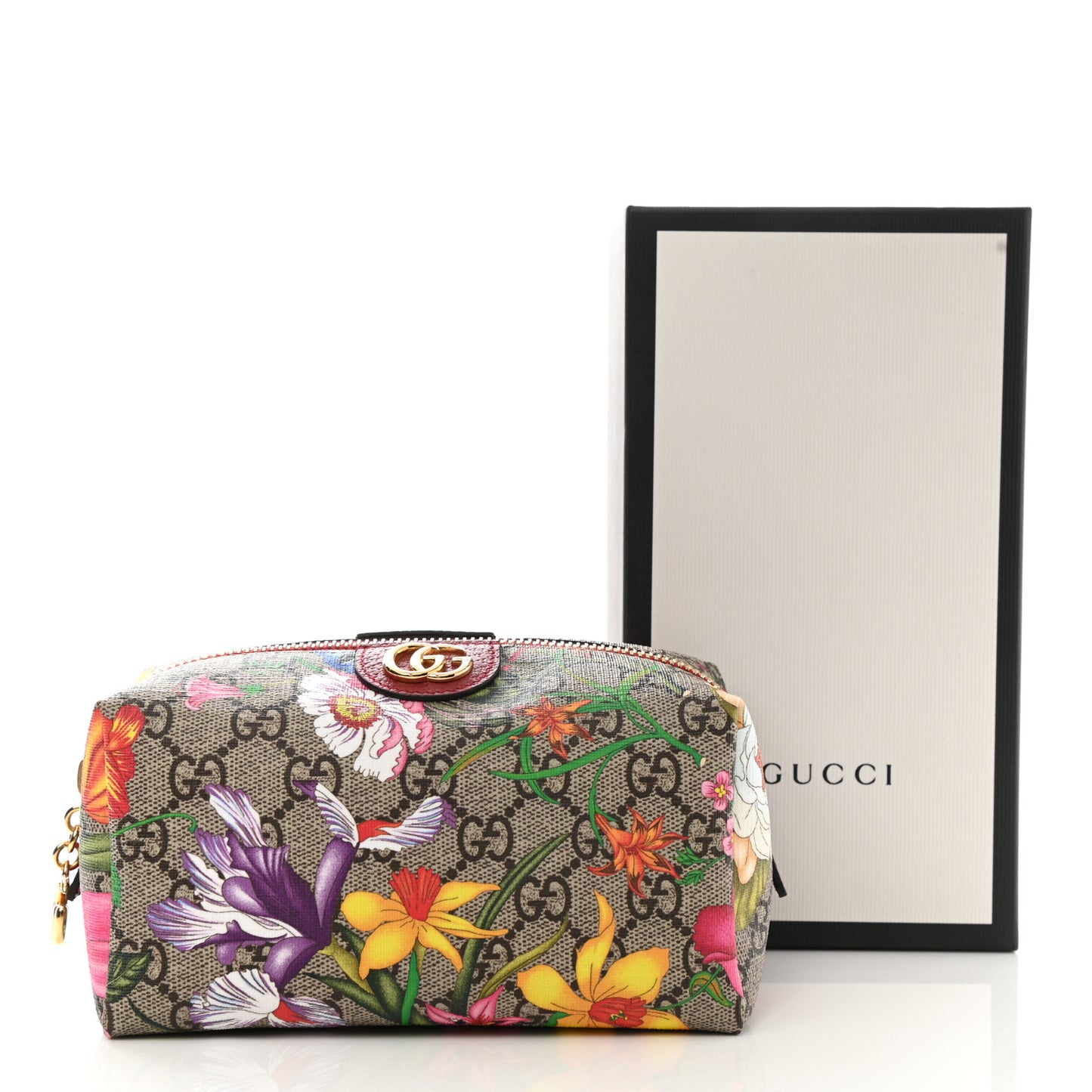Soft GG Supreme Monogram Flora Calfskin Medium Ophidia Cosmetic Case Beige Ebony Multicolor Rosso