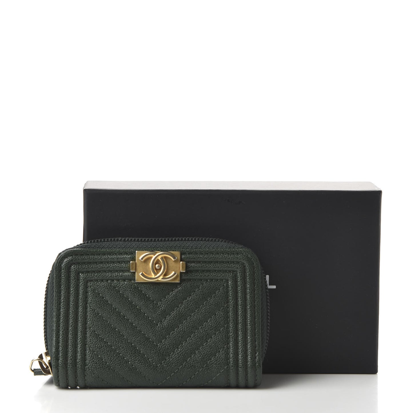 Caviar Chevron Quilted Boy Zip Around Coin Purse Wallet Dark Green