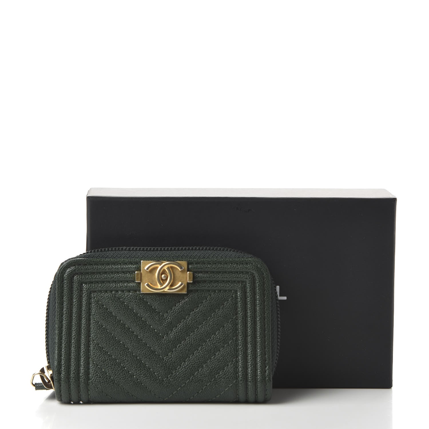 Chanel Caviar Chevron Quilted Boy Zip Around Coin Purse Wallet Dark Green 11 of 11