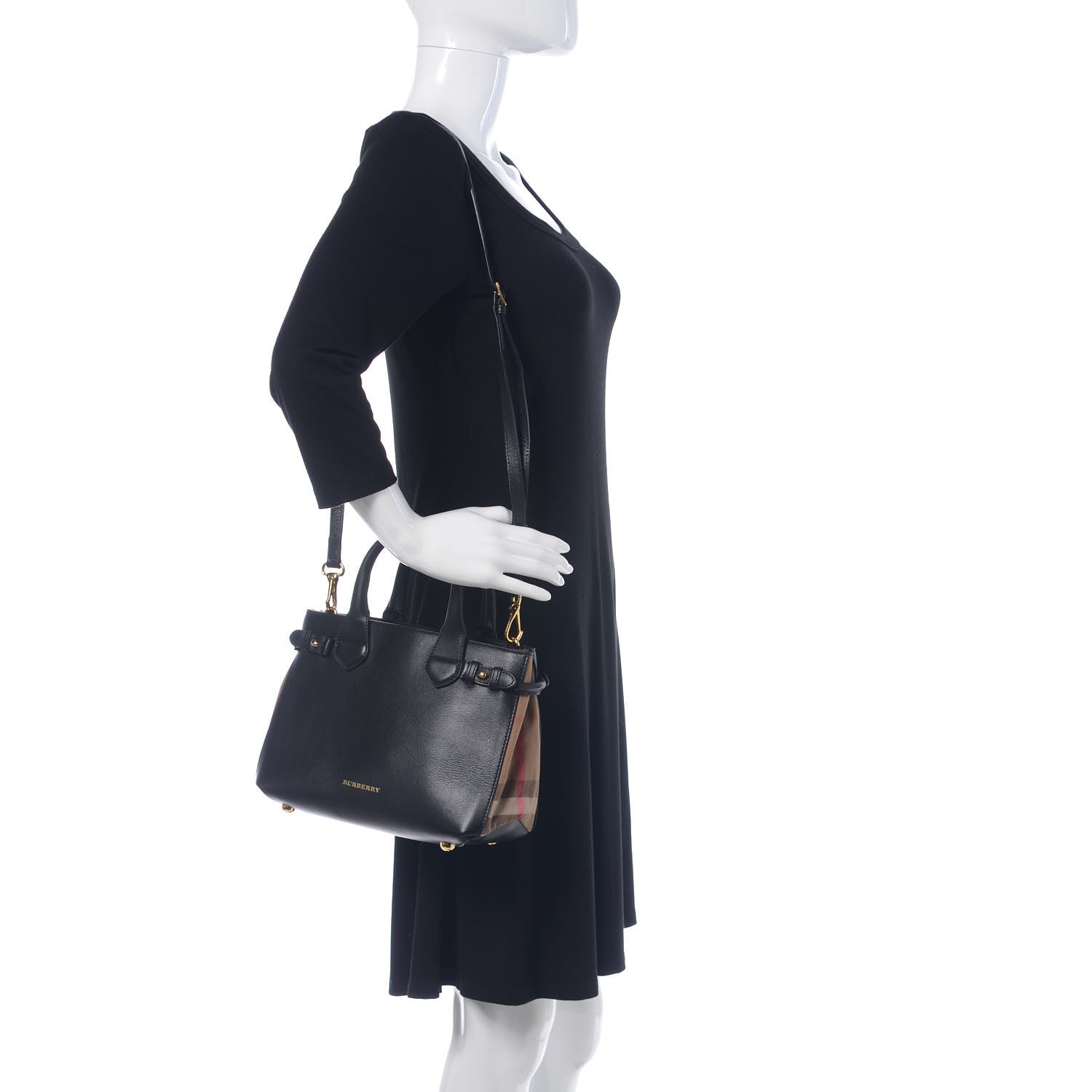 Burberry Grainy Calfskin House Check Small Banner Tote Black 2 of 11