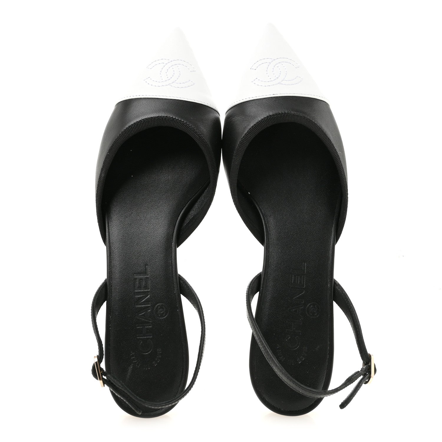 Chanel Iridescent Lambskin Cap Toe CC Slingback Flats 37 Black White 2 of 10