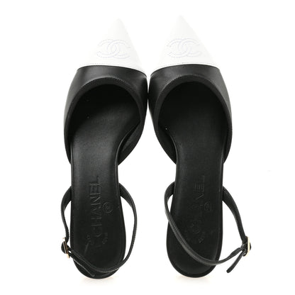 Chanel Iridescent Lambskin Cap Toe CC Slingback Flats 37 Black White 2 of 10